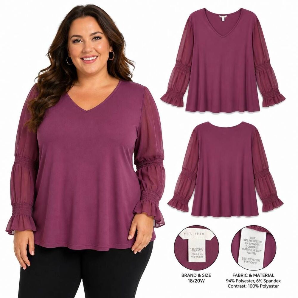 Cato Women's 18/20W Plum Long Sleeve Blouse Sheer Bell Sleeves Ruffle Trim